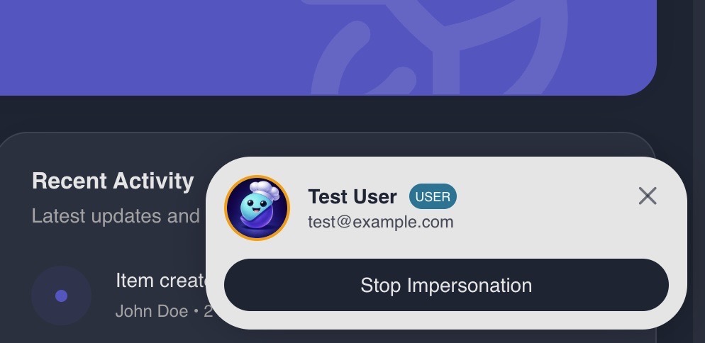 Expanded impersonation card with user details and stop button